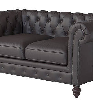 Luxurious chesterfield sofa with dark leather upholstery and turned wooden legs