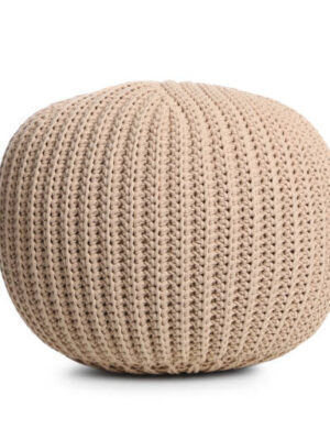 Stylish beige pouf isolated on white. home design